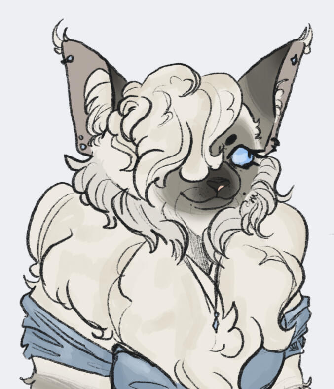 [I.D. A digital drawing of an anthropomorphic seal point ragdoll from the chest up, she is looking to the right and smiling. Her fur is curly and creamy white and a warm gray at her ears and muzzle, it falls over one side of her face in a hair like manner.