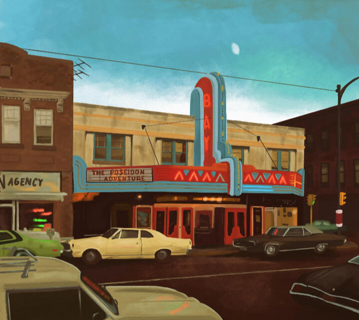 [I.D. A digital painting of a part of town from a street view. On the left is a light brown building with a storefront, on the right is a darker brown building, and in the middle is an old fashioned movie theater. The theater's outside lights are on, illum