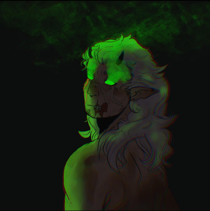 [I.D. A digital drawing of Evil Xisuma from the mid back up. Their back is to the viewer at an angle and they look over their shoulder, they aren't wearing a shirt. There are high contrast shadows and green lighting to one side. Their eyes glow bright gree